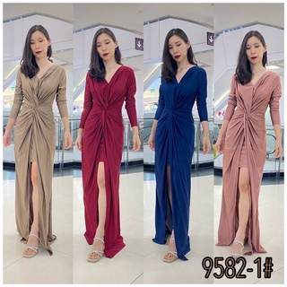 🔴ทักถามสต็อคก่อนจ่านเงิน🔴S M L XL 2xl เดรสยาว จับปมเอวทวิช คอวี แขนยาว  กระโปรงผ่าหน้า มีกระโปรงด้านใน