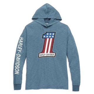 เสื้อฮู๊ดลิขสิทธิ์แท้ HARLEY-DAVIDSON Mens #1 Race Slub Jersey Hooded Graphic Tee