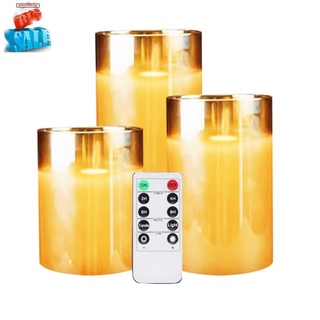 Amber Glass LED Flameless Candles Flickering with Remote,Battery Operated,For Wedding,Festival Decorations,Gift,3 Pack