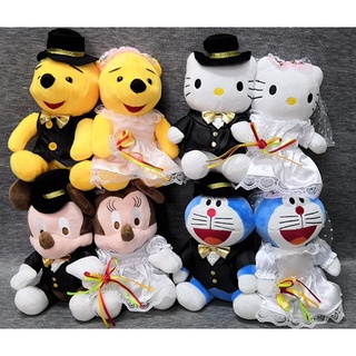 ↂ❈❐[20cm] Wedding Car Couple Bear Wedding Doll Head Decoration Mickey Doraemon Pooh KItty Plush Toys Soft &amp; Stuffed Bear