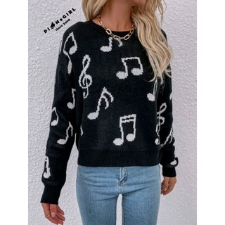 เสื้อ sweater ไหมพรมสีดำ ลายตัวโน้ตสีขาว (มีลายทั้งด้านหน้าและหลัง)