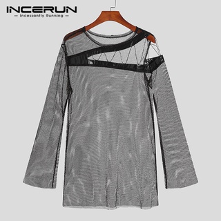 Incerun เสื้อยืดซีทรู แขนยาว ฉลุลาย ทรงไม่สมมาตร แฟชั่นสําหรับผู้ชาย