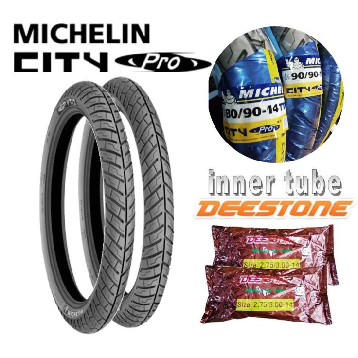 ยางมอเตอร์ไซด์หน้า+หลัง ยี่ห้อ Michelin รุ่น City Pro ขนาด 80/90-14+90/ ...
