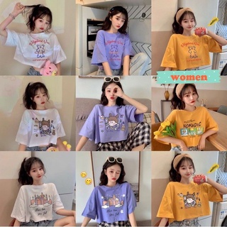 women🌈พร้อมส่ง🌈เสื้อครอปเเขนสั้นผ้าคอตตอนสกรีนลายการ์ตูนน่ารัก(3434)