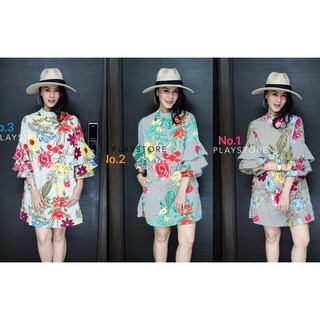 PiNSTRipE  FLoRaL 3Trio Flared-sleeve DReSS