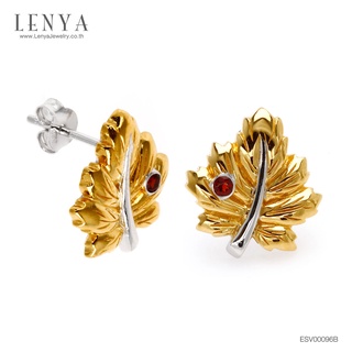 Lenya Jewelry ต่างหูเงินแท้ 925  ดีไซน์รูปใบเมเปิ้ลสีทอง ประดับแต่งด้วยทับทิมเม็ดเล็กน่ารัก