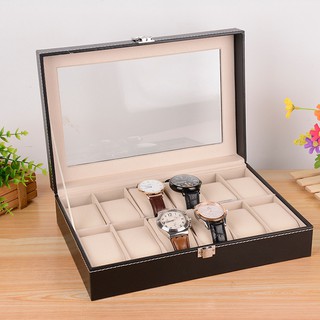 Watches Box - กล่องจัดเก็บนาฬิกา 12 เรือน หนัง PU เจาะช่องกระจก คุณภาพดี สวย คุ้มค่า