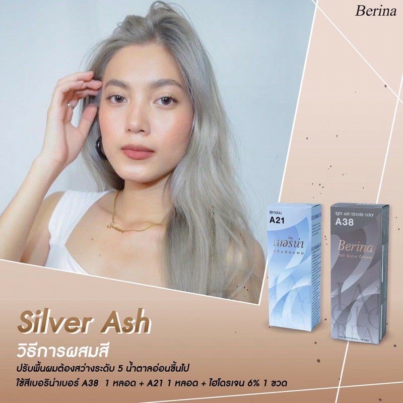 Berina เบอริน่า สีเทาหม่น Silver Ash 1 ชุด =  A21 + A38 ขนาด 60 มล.