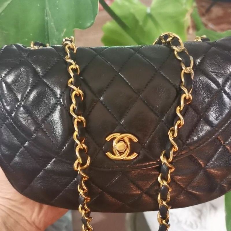 Chanel​ Vintage​ Half Moon​ Flap​ Bag​ Black​ Lambskin​ Size​ 8.5