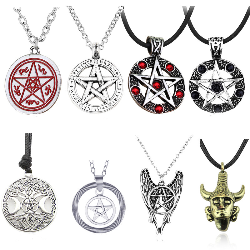 ไวกิ้ง Totem Rune สร้อยคอรอบ Pentagram จี้สําหรับชาย Boy Black Magic Evil Force ศาสนาสร้อยคอสแตนเลส