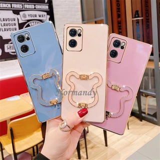 เคส Fashion Phone Casing OPPO Reno7 Pro Reno6 Z Pro 5G A76 A16K A95 4G High Quality Plated Straight Edge Soft Case Metal Bear Head Stand เคสโทรศัพท์