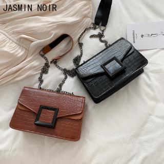 JASMIN NOIR ห่วงโซ่ถุงสลิงสำหรับผู้หญิงจระเข้สิทธิบัตรหนังตารางถุงเล็ก