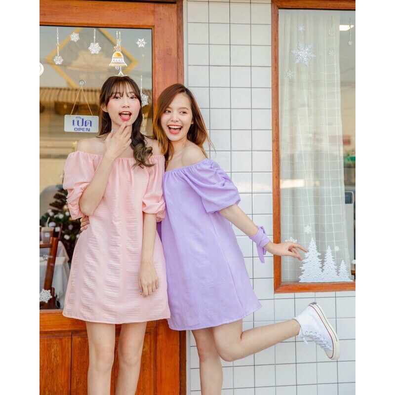 เดรสสั้นปาดไหล่สีชมพูนม แบรนด์  labelle_closeting_brand