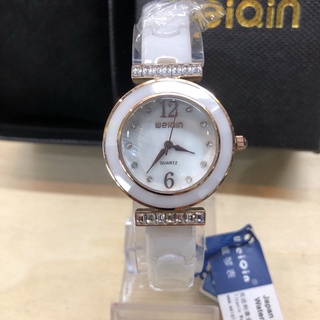 นาฬิกาข้อมือหญิงWEIQIN เครื่องญี่ปุ่น สายเป็นเซรามิก Quartz Analog 3เข็ม ขนาด35มม. หน้าปัดจุดคริสตัลสวยหรู