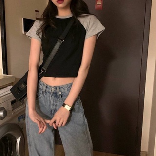 Triple A💕 Crop top Women Short-sleeved T-shirt Contrasting Korean style high waist all-match student shirt