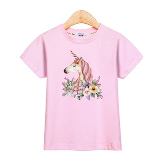 Unicorn tees gir short sleeve t-shirtlท็อปส์ซูสำหรับสาวเสื้อยืดแขนสั้นเด็กตัวยูนิคอน