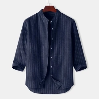 [พร้อมส่ง]เสื้อเชิ้ตผ้าลินิน，สำหรับผู้ชาย เสื้อเชิ้ตคอจีนแขนยาว，ลายทางแนวตั้ง