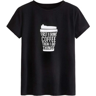 เสื้อยืดโอเวอร์ไซส์New Milumia Womens Cal Cute Coffee Graphic Round Neck Short Sleeve Basic Tee T Shirts Top saleS-3XL