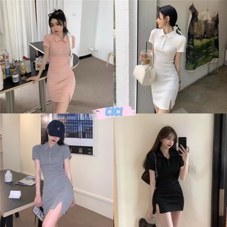 Cici(NO.28068)มินิชุดเดรสแขนสั้น คอปก กระดุมหน้าเข้าทรงสวย ผ่าข้างเพิ่มความเซ็กซี่นิดๆน่ารักโคเรียเวอร์