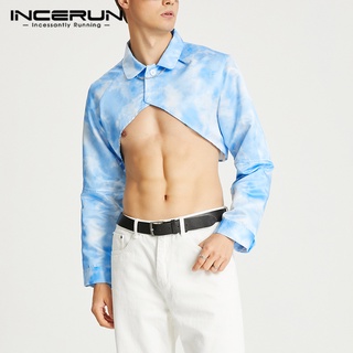 Incerun เสื้อครอปแขนยาว คอปก พิมพ์ลายมัดย้อม สีฟ้า แฟชั่นสําหรับผู้ชาย