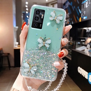 เคสโทรศัพท์มือถือ ซิลิโคน ลายผีเสื้อ 3D แต่งกลิตเตอร์ ระยิบระยับ พร้อมสายคล้อง สําหรับ VIVO V23 V23E V25 V25E V21 V21E V20 V20SE V20Pro V15 V15Pro