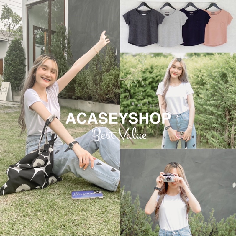 Acasey เสื้อครอป คอกลม เนื้อผ้า Spandex rayon เนื้อนุ่มเด้ง ชายโค้ง อก32-36"