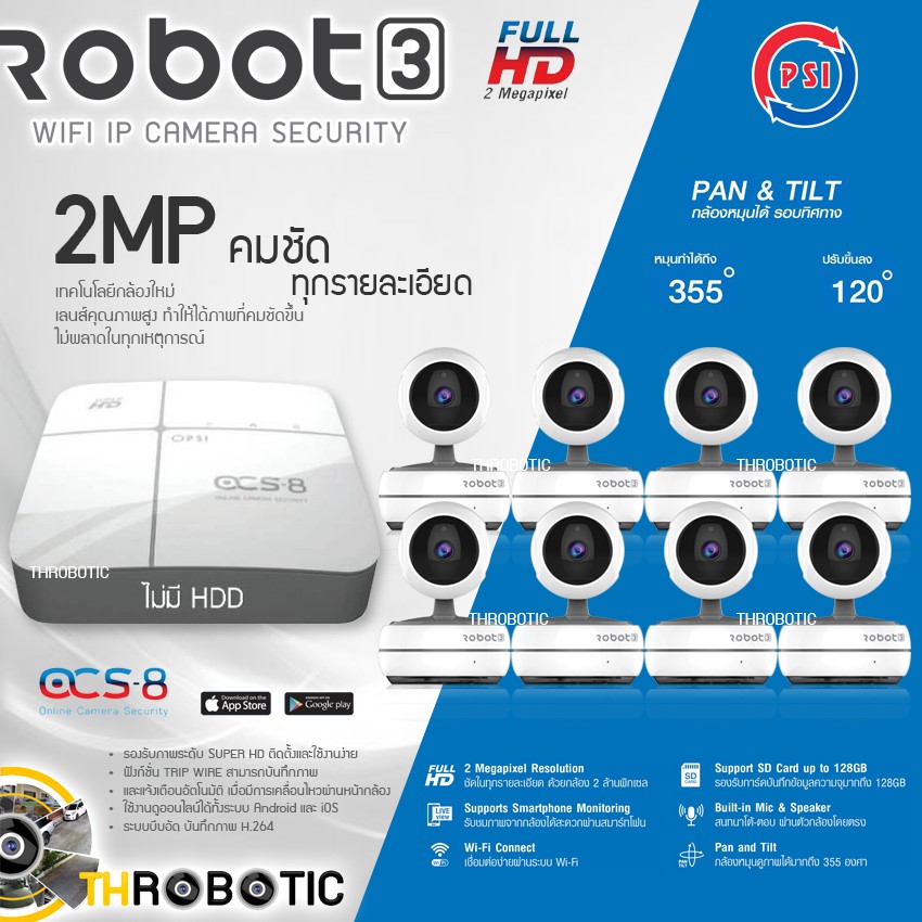 PSI ชุดกล้องวงจรปิด 2MP รุ่น Robot3 (8ตัว) + เครื่องบันทึก PSI รุ่น OCS-8 (1ตัว)