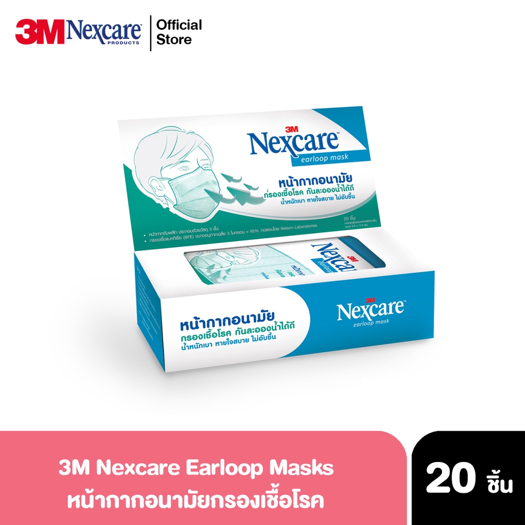 3M Nexcare Ear Loop Mask หน้ากากอนามัย หน้ากากเพื่อสุขภาพบรรจุ 1 ชิ้น/ซอง จำนวน 20 ซอง/กล่อง (Exp.01/2025)
