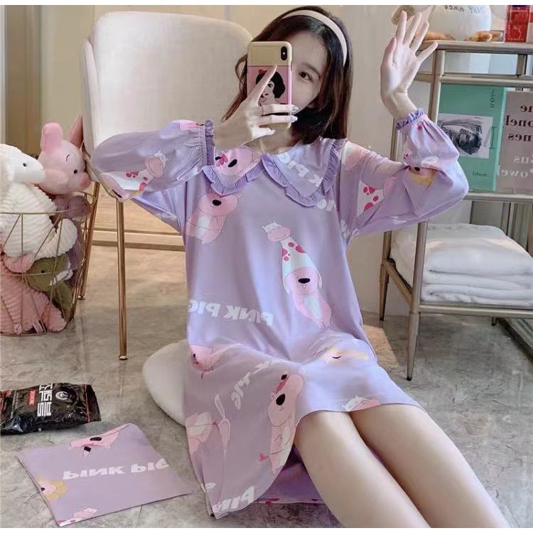 198-พร้อมส่ง ชุดนอนกระโปรงเเขนยาว พิมลาย พร้อมมีผ้าถุงให้ มีไซส์M-XXL กดสั่งเลยค่ะ
