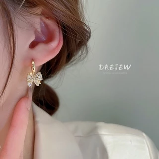 DREJEW ต่างหูแฟชั่น ทอง 18K ประดับโบว์ เพทาย กันแพ้ ระดับไฮเอนด์