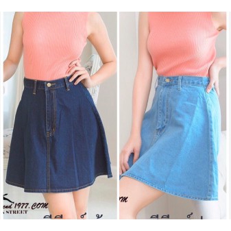 Looktrend888 กระโปรงยีนส์ เอวสูง ทรงบาน ยาว 18 นิ้ว ผ้าไม่ยืด ป้ายกวาง สียีนส์ เข้ม/อ่อน