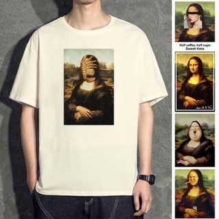 T-shirt  Pure cotton street Mona Lisa smile เสื้อยืด world ภาพวาดที่มีชื่อเสียงแขนสั้นเสื้อผ้าตลก spoof คู่เสื้อผ้าผู้ชา