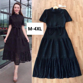 เดรสลูกไม้ดำ!!! M-4XL Maxi Dress เดรสสีดำผ้าลูกไม้ฉลุลาย+สายผูกเอว งานป้าย