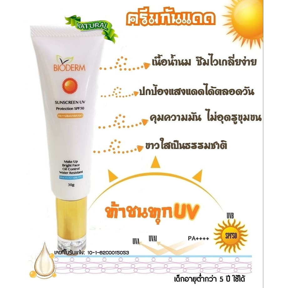 ครีมกันแดด Bioderm Sunscreen UV Protection SPF50 PA+++ UVA/UVB/UVA1กันแดดคุมมันกันน้ำ(เนื้อน้ำนม)