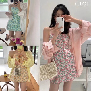 Cici(NO.1199)ซต 2ชิ้น เสื้อเชิ้ตแขนยาว+มินิเดรสสายเดี่ยวลายดอกไม้ มีซิปหลังสายปรับได้ใส่แล้วน่ารักคิ้วท์ๆ