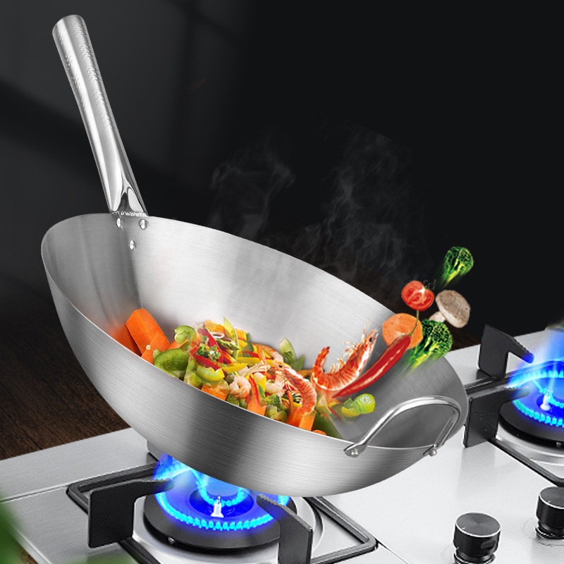 ◙☽✣Stainless Steel Non Stick Wok Chinese Handmade Wok Double Ear Chef Fry Wok Gas Cooker Non Coating Round Bottom Cookin