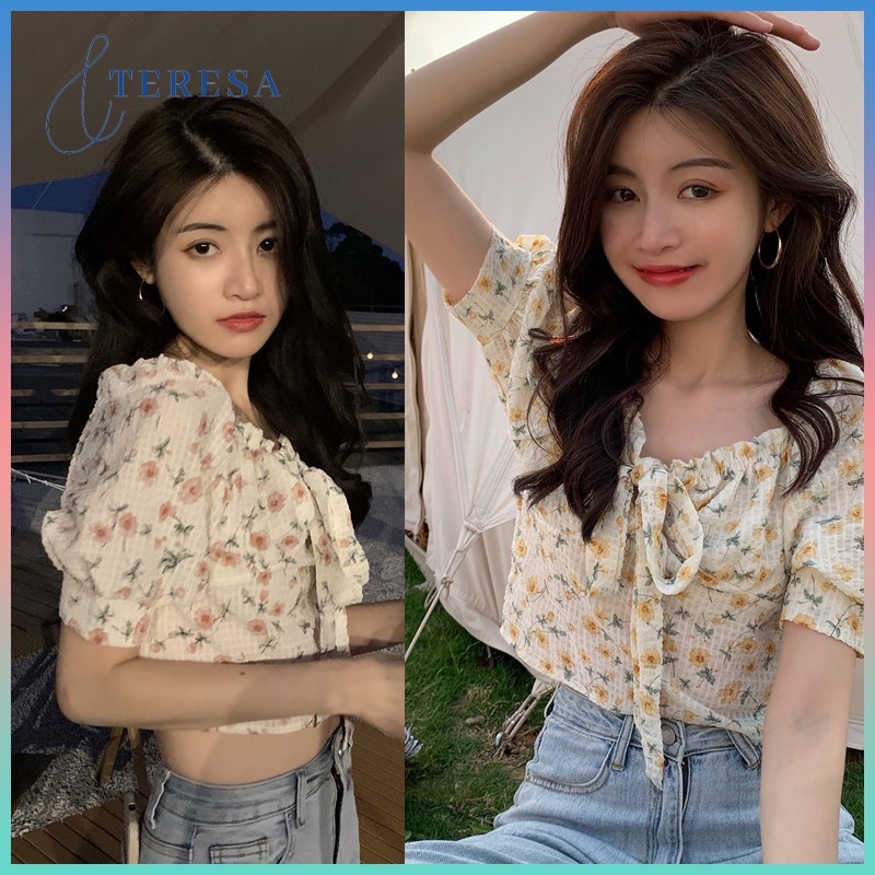 เสื้อครอปมินิปาดไหล่ เสื้อครอปลายดอกไม้สีเหลืองน่ารักๆสไตล์สาวเกาหลี เสื้อครอปเเฟชั่นพร้อมส่งราคาถูกสุดๆสุดคิ้วท์