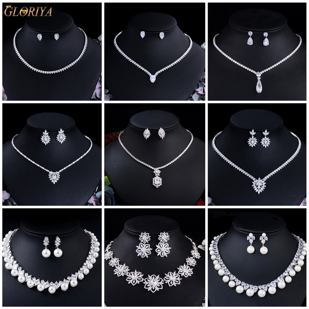 Gloriya แฟชั่นประณีต CZ Zirconia เพชรคริสตัล Pearl สร้อยคอต่างหูผู้หญิงเจ้าสาวงานแต่งงานเครื่องประดับชุบเงินชุด JS160