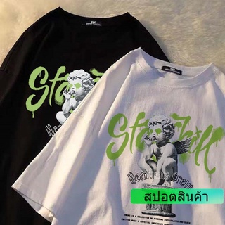 Green Angel Letter พิมพ์แขนสั้นลำลองแขนสั้นเสื้อยืดผู้หญิง