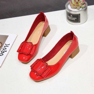 รองเท้าผู้หญิงลายเรียบหรู หัวแหลม รัดส้นสไตล์สาวเกาหลี F034 สีแดง