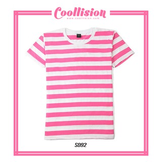 Coollision เสื้อยืดแขนสั้นลายทาง สีชมพูนม ริ้ว 1 นิ้ว (S092)