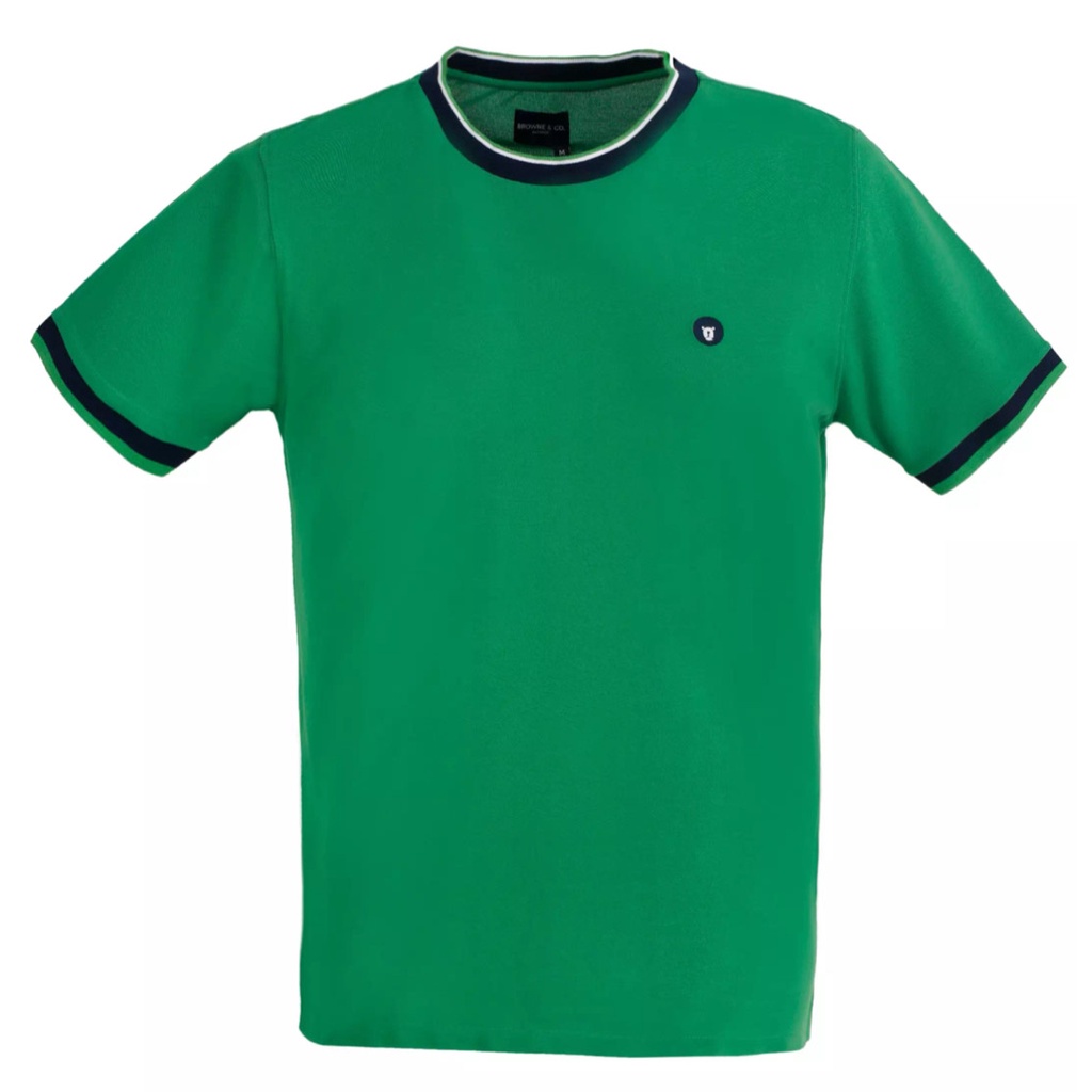 BROWNE & CO. เสื้อยืด คอตตอน สีเขียว คอ แขน แต่งผ้าทอลาย รุ่น TPT009-1-GR