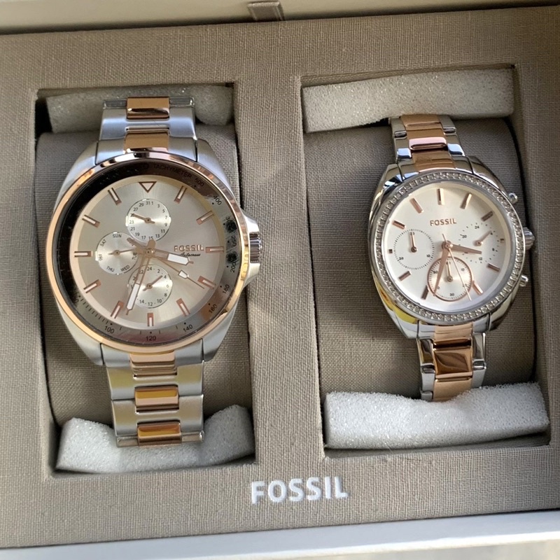 [[พร้อมส่ง📦แท้💯%]] Fossil bq2642set His and Her Multifunction Two-Tone Stainless Steel Watch Set