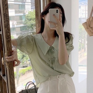 Suxi เสื้อเชิ้ตแขนสั้น คอปก ผ้าชีฟอง ทรงหลวม สีพื้น แบบเรียบง่าย สไตล์เกาหลี แฟชั่นฤดูร้อน สําหรับผู้หญิง