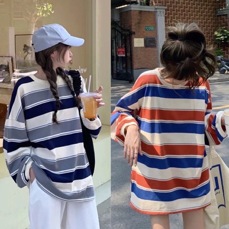เสื้อยืดแขนยาวลายอิฐ ลายเทาสุดน่ารัก เสื้อยืดไซส์ใหญ่ผู้หญิงคนอ้วน  oversized งานดี