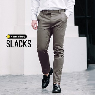 กางเกงสแล็คชาย ผ้าซาตินยืด ทรงกระบอกเล็ก (Slim-fit) สีเทา by Normal Boy