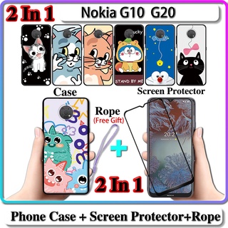 2 IN 1 เคส Nokia G10 G20 พร้อมกระจกนิรภัยกันรอยหน้าจอโค้ง เซรามิค ลายแมวและโดราเอมอน