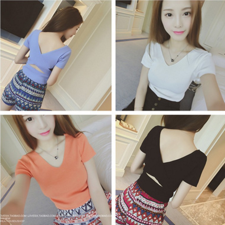 เสื้อครอปแขนสั้นเปิดหลัง สไตล์ใหม่สำหรับฤดูร้อน ทรงเข้ารูป
