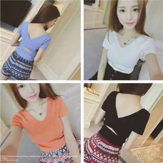 Girls_world เสื้อผ้าแฟชั่นผู้หญิง ไหมพรม คอวี แขนสั้น เปิดหลัง สวยดูดี สไตล์เกาหลี