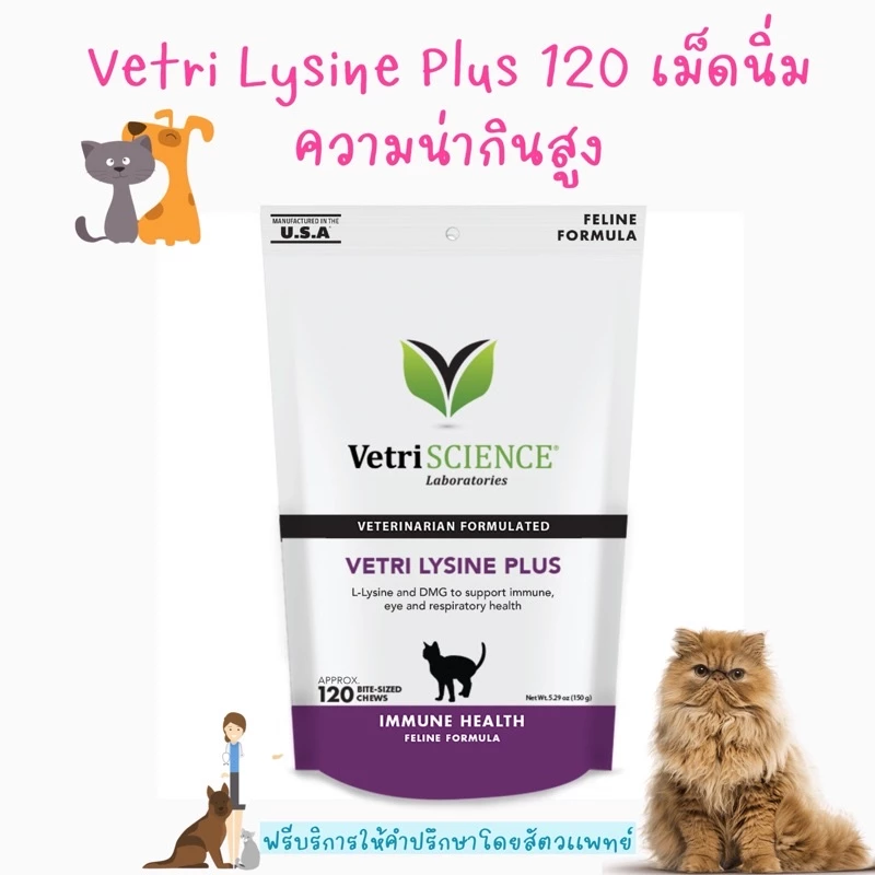 หมดอายุ 09/2027 ถูกที่สุด ขายดี ไลซีนแมว Vetri Science Lysine Plus 120 ชิ้น